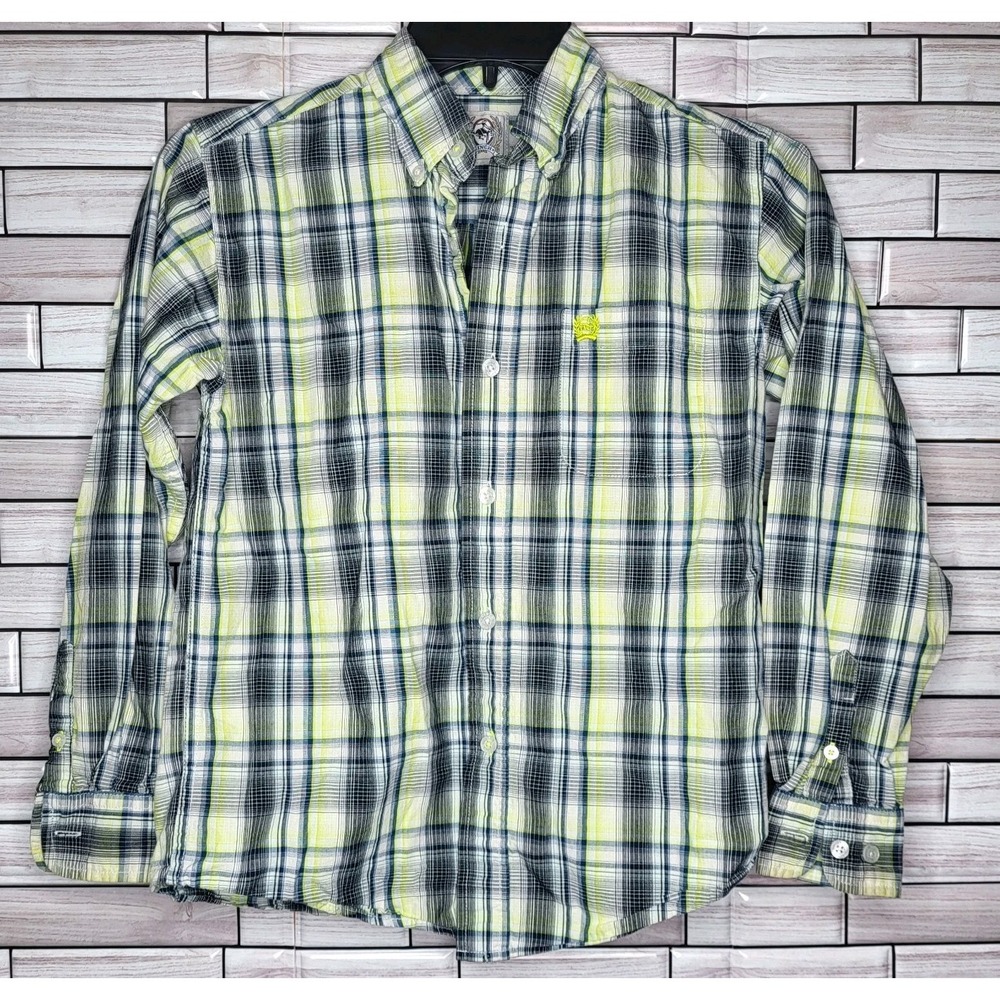 Cinch Western Button-Down Shirt Boy's M 10 Long‎ Sleeve Plaid Rodeo White Label